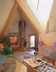 Standing in one of the art studios is a pine, which Andrea calls the cactus tree; it had to be cut down to make way for the road. “We thought, what cool thing can we do with that? We just wanted to honor it because it’s such a great tree.’’ Peeled, lightly sanded, and oiled, the tree is not structural but serves as a visual anchor. A Kal-Wall skylight provides “fabulous light—so bright, yet completely diffused,’’ Andrea says.